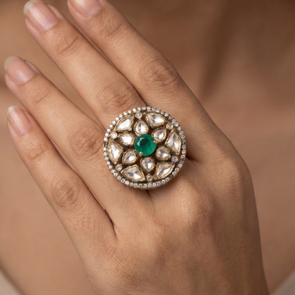 Centre of Attention — Kundan Floral Ring in Gold-Finish Silver