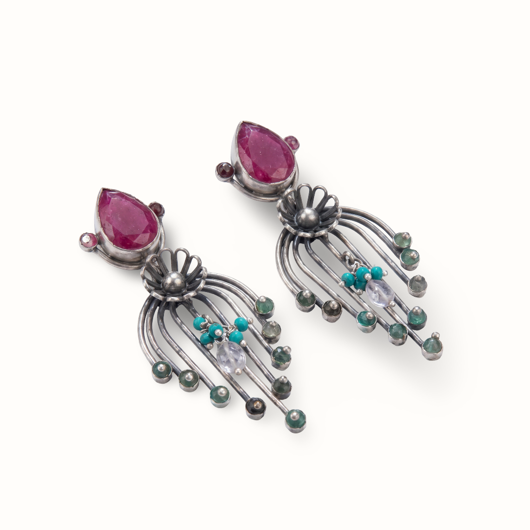 Garden Party — Ruby & Firoza Floral Drop Earrings in Oxidised Silver