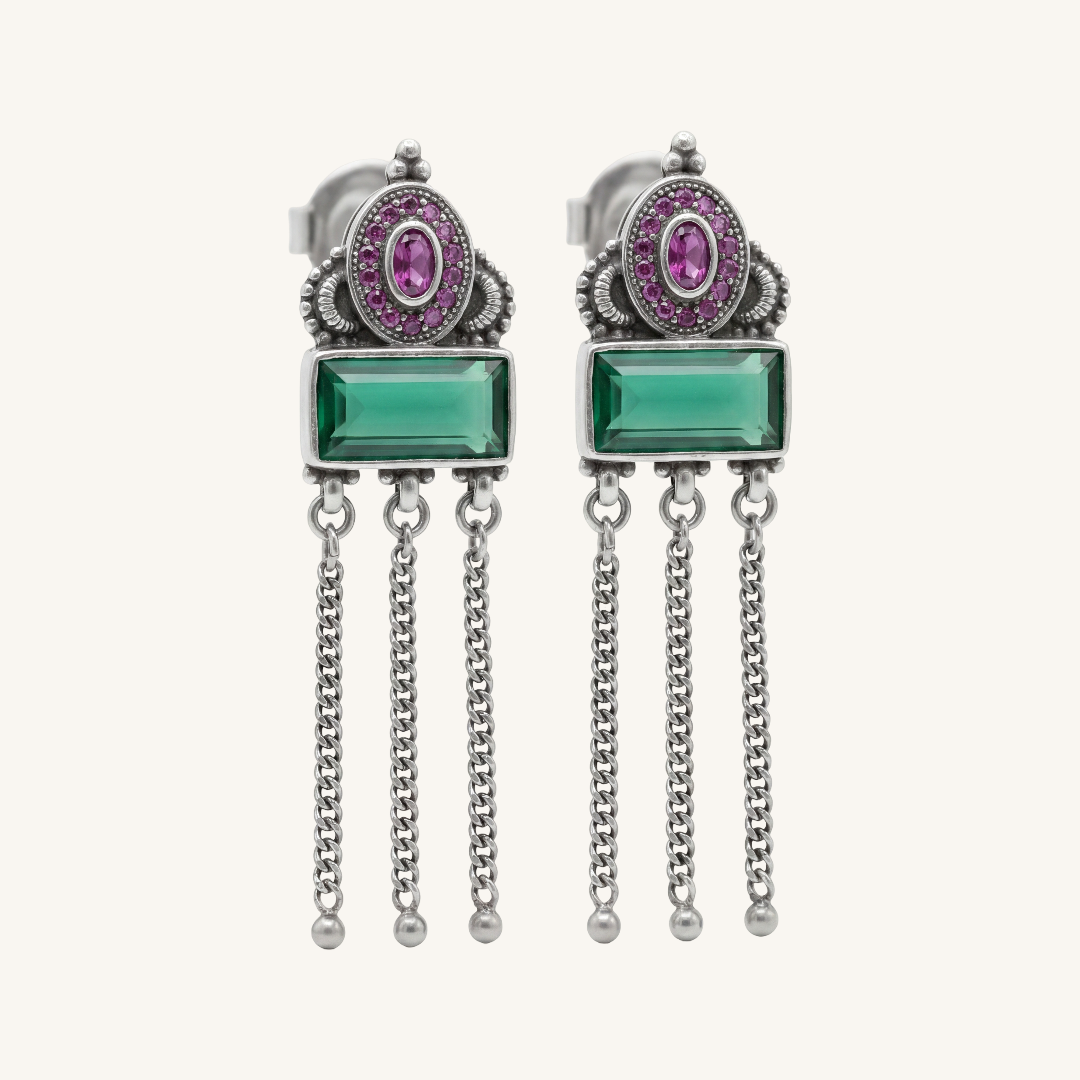 Green Flag Energy — Emerald & Pink Stone Chandelier Earrings in Oxidised Silver
