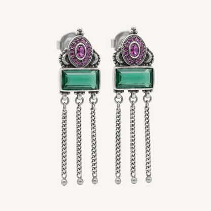 Green Flag Energy — Emerald & Pink Stone Chandelier Earrings in Oxidised Silver