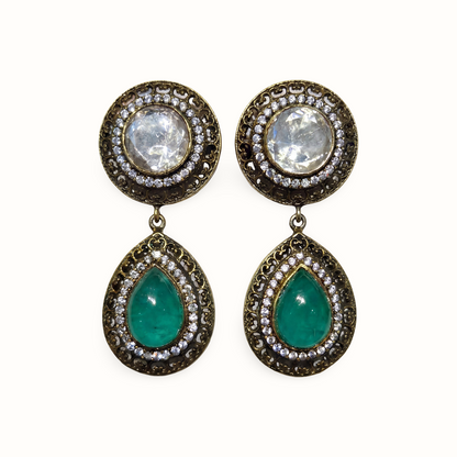 Drop Everything — Kundan & Emerald Teardrop Earrings in Oxidised Silver