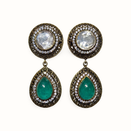 Drop Everything — Kundan & Emerald Teardrop Earrings in Oxidised Silver
