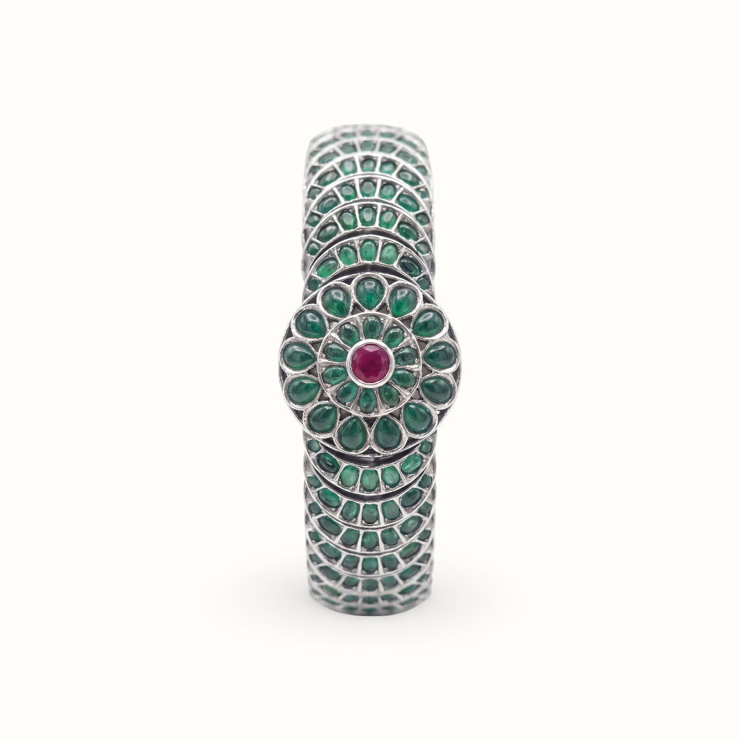 Full Bloom — Hyderabadi Panna Kada in Oxidised Silver
