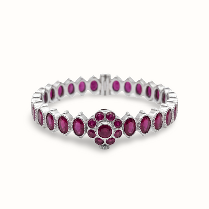 Ruby Tuesday — Oval Ruby Floral Bangle in Oxidised Silver