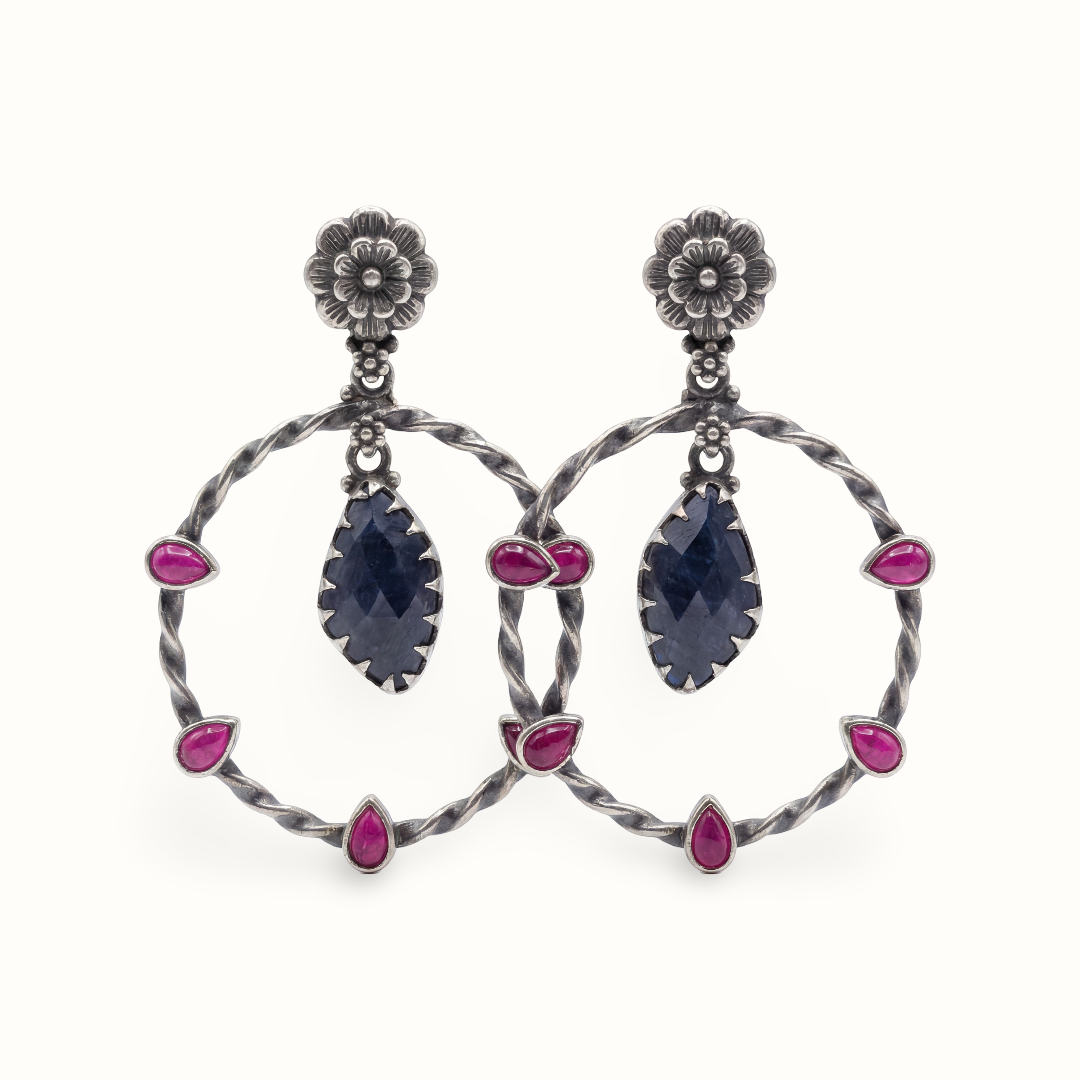 Full Circle — Floral Hoop Earrings with Ruby & Sapphire in Oxidised Silver