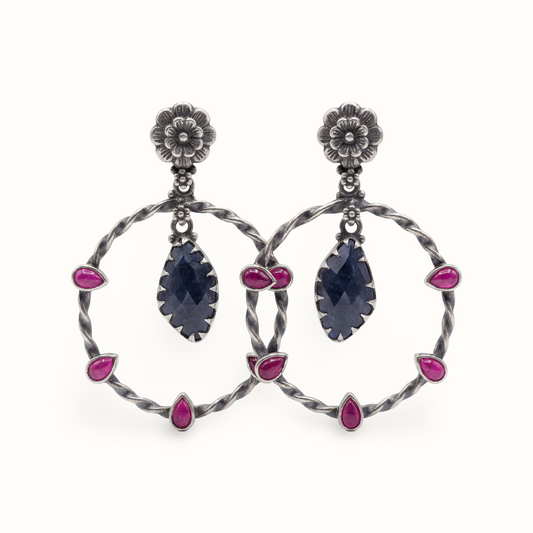 Full Circle — Floral Hoop Earrings with Ruby & Sapphire in Oxidised Silver