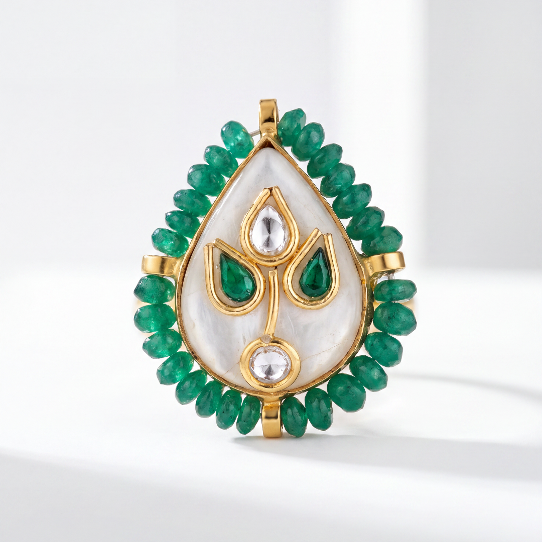 Garden Party — Kundan Mother of Pearl Ring in Gold-Finish Silver