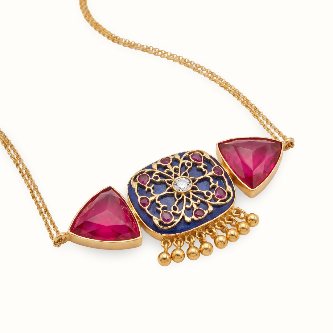 Purple Reign — Filigree & Triangle Stone Pendant Necklace in Gold Plated Silver