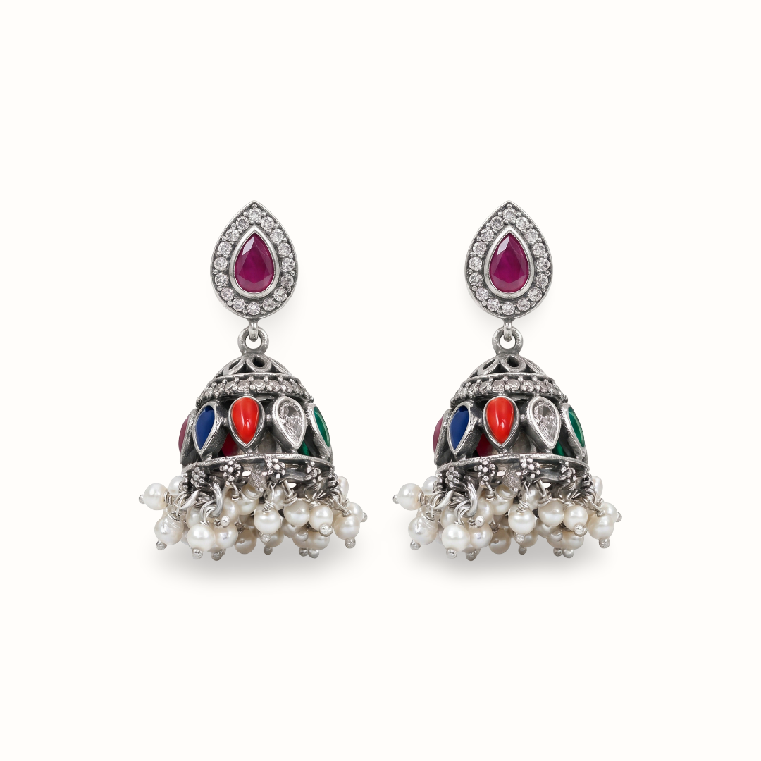 Full House — Navratna Jhumka in Oxidised Silver with Pearl Drops