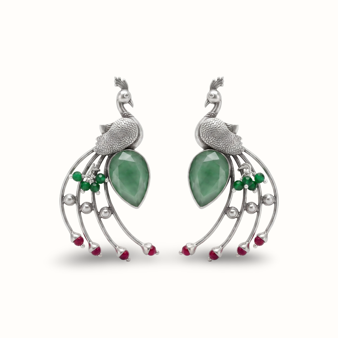 Tail Feathers Out — Peacock Erarrings in Oxidised Silver