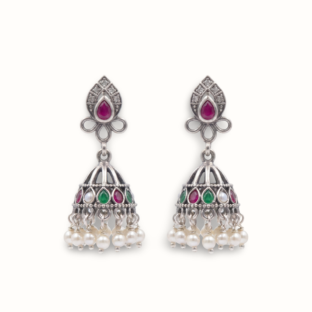 Pearl Curtain — Kundan Jhumka in Oxidised Silver
