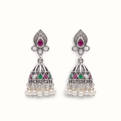 Pearl Curtain — Kundan Jhumka in Oxidised Silver