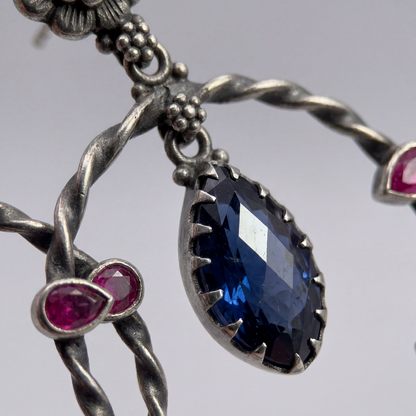 Full Circle — Floral Hoop Earrings with Ruby & Sapphire in Oxidised Silver