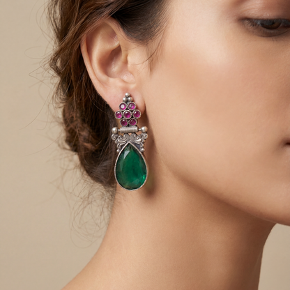 Green Flag — Emerald & Ruby Drop Earrings in Oxidised Silver