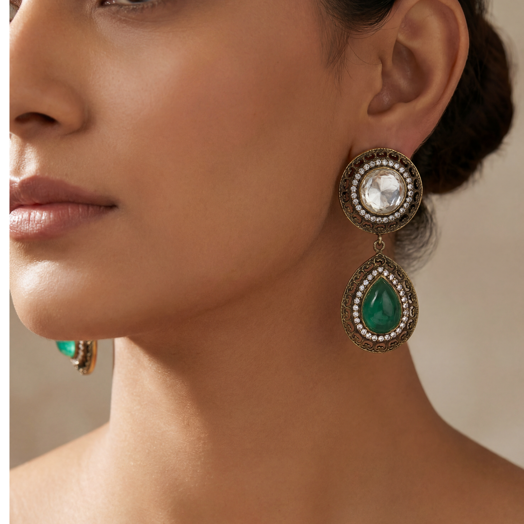 Drop Everything — Kundan & Emerald Teardrop Earrings in Oxidised Silver