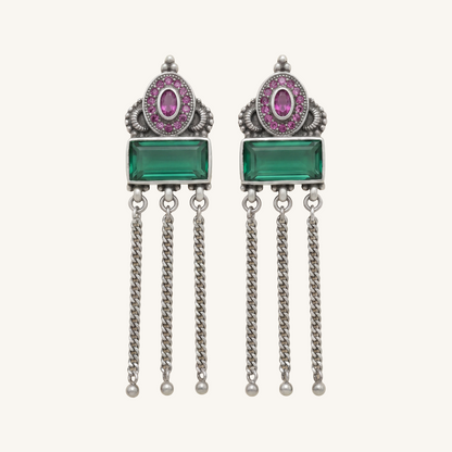 Green Flag Energy — Emerald & Pink Stone Chandelier Earrings in Oxidised Silver