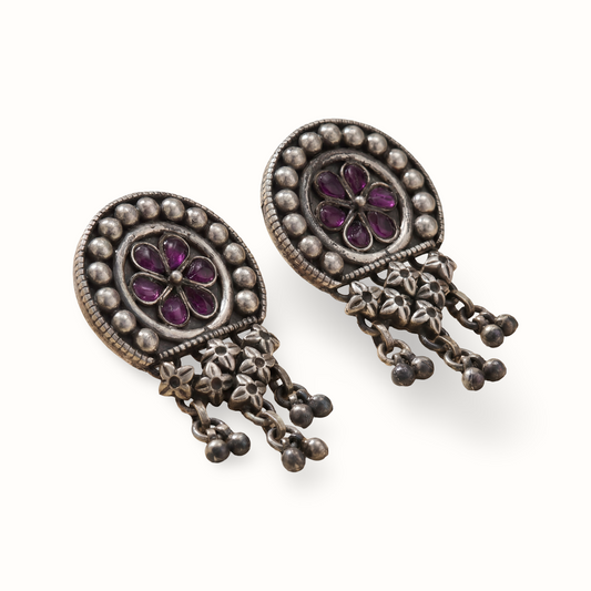 Full Bloom — Ruby Kundan Stud Earrings with Jhallar in Oxidised Silver
