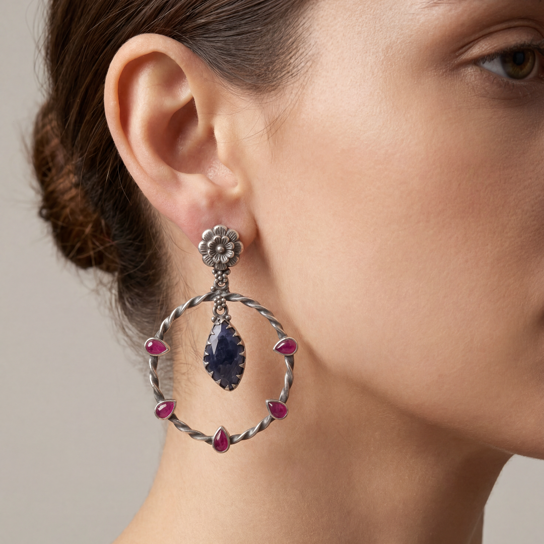 Full Circle — Floral Hoop Earrings with Ruby & Sapphire in Oxidised Silver