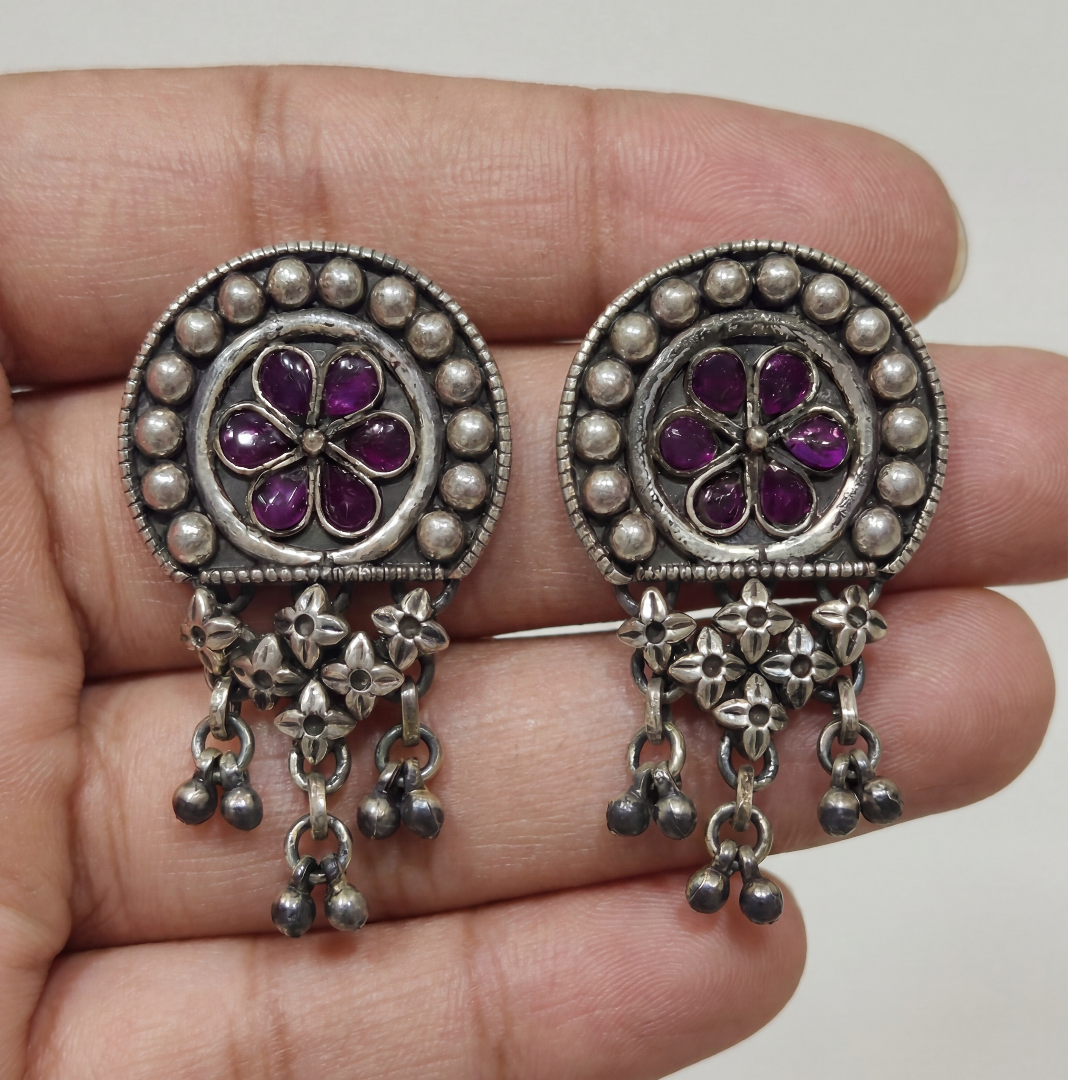 Full Bloom — Ruby Kundan Stud Earrings with Jhallar in Oxidised Silver