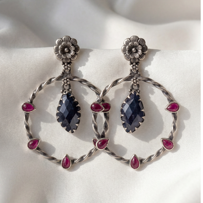 Full Circle — Floral Hoop Earrings with Ruby & Sapphire in Oxidised Silver