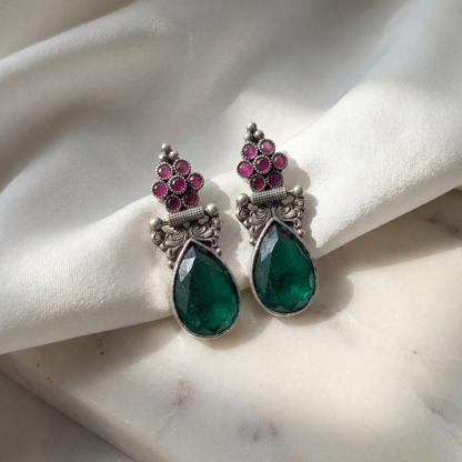 Green Flag — Emerald & Ruby Drop Earrings in Oxidised Silver