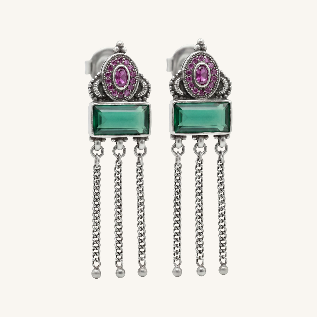 Green Flag Energy — Emerald & Pink Stone Chandelier Earrings in Oxidised Silver
