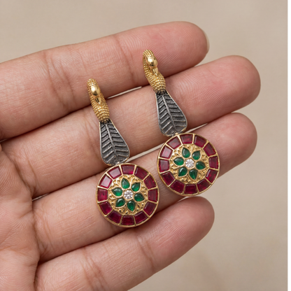 Feather Drop — Peacock Kundan Earrings in Oxidised Silver