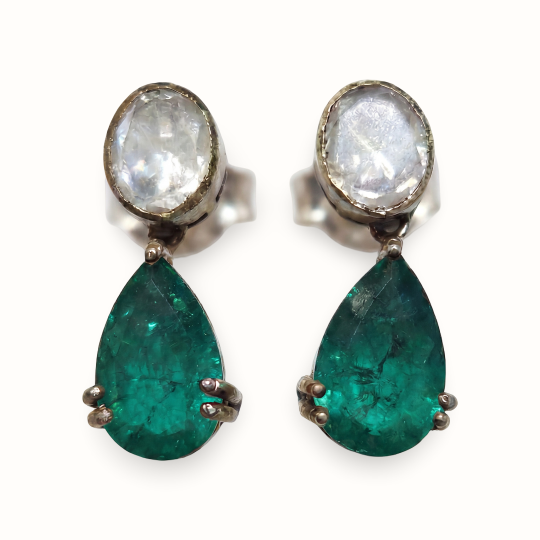 Two Good Things — Moonstone & Emerald Drop Earrings in Oxidised Silver