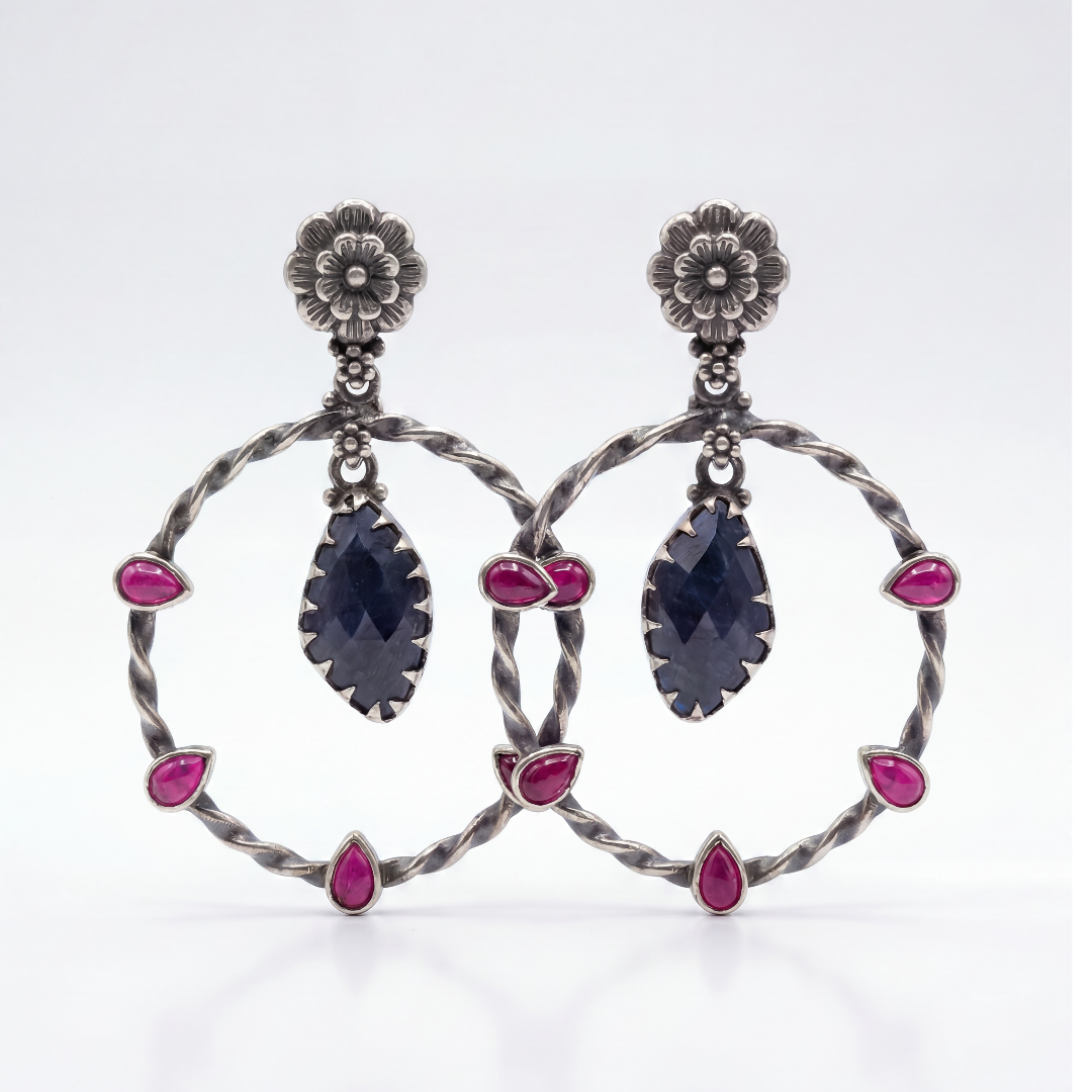 Full Circle — Floral Hoop Earrings with Ruby & Sapphire in Oxidised Silver