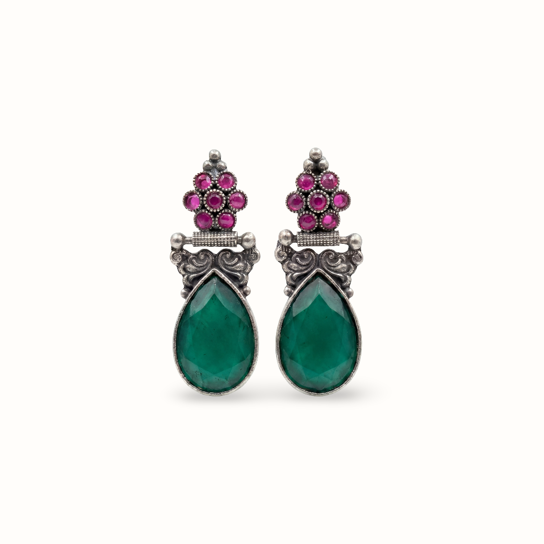 Green Flag — Emerald & Ruby Drop Earrings in Oxidised Silver