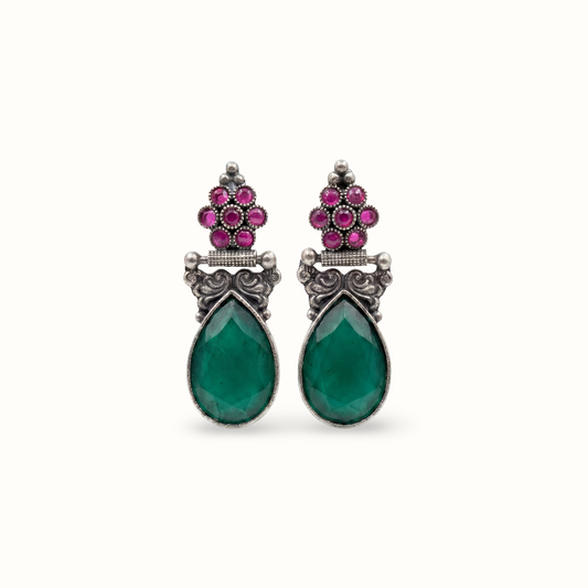 Green Flag — Emerald & Ruby Drop Earrings in Oxidised Silver