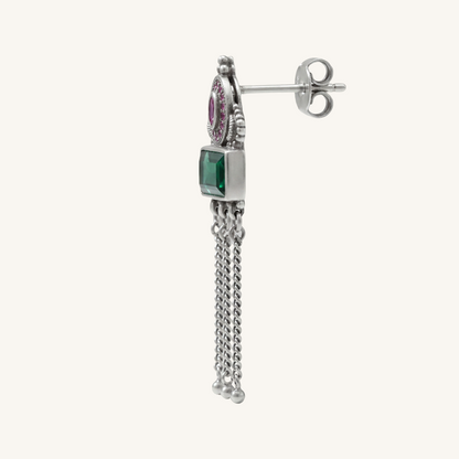Green Flag Energy — Emerald & Pink Stone Chandelier Earrings in Oxidised Silver