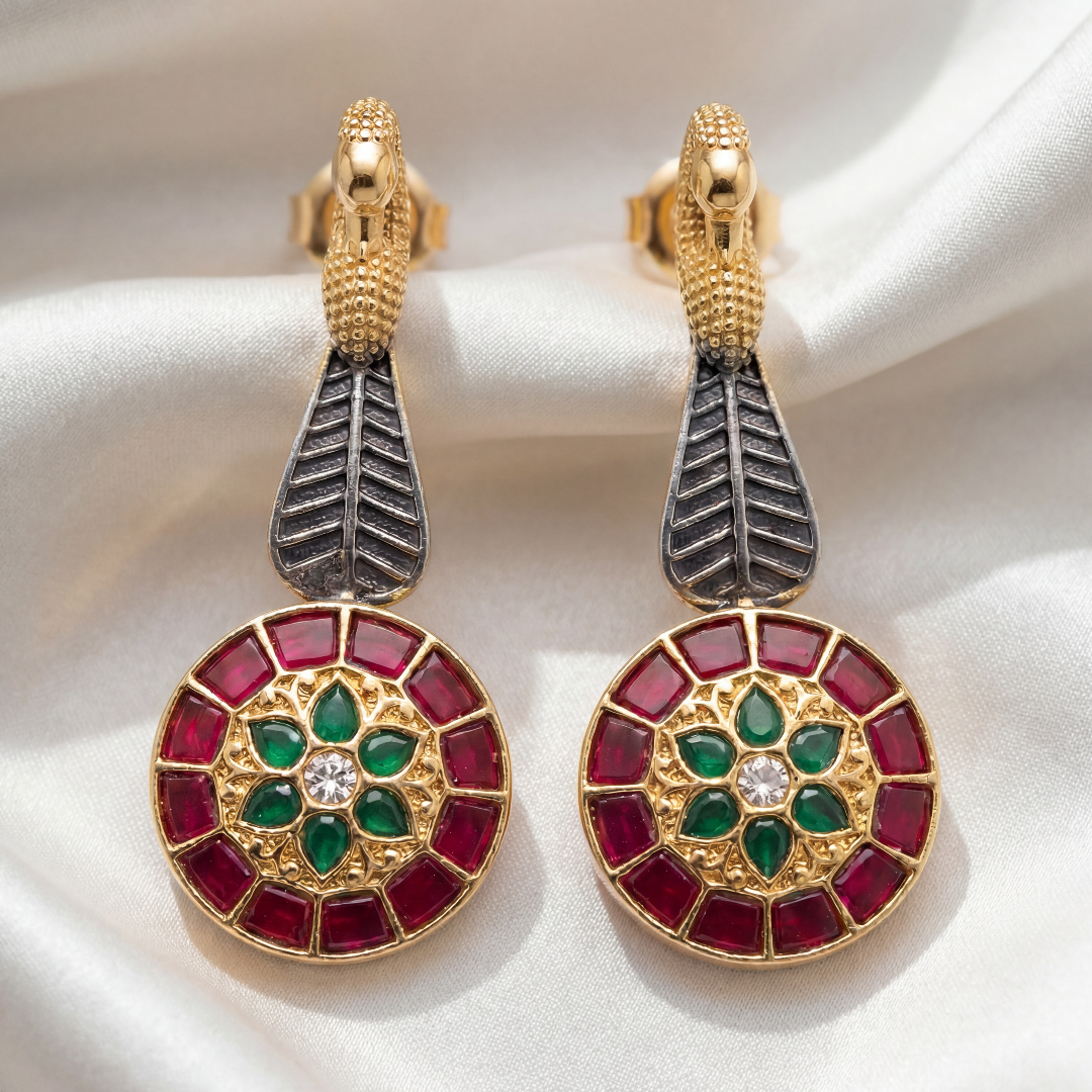 Feather Drop — Peacock Kundan Earrings in Oxidised Silver