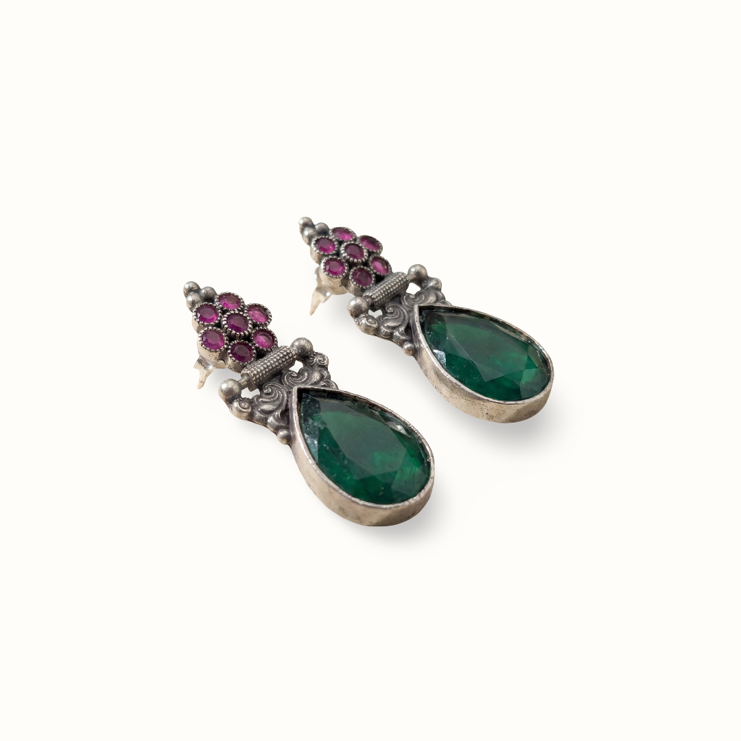 Green Flag — Emerald & Ruby Drop Earrings in Oxidised Silver