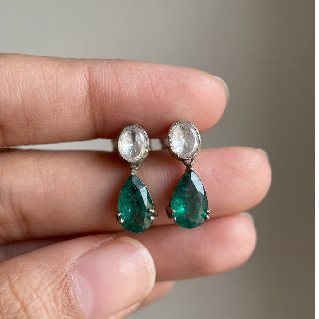 Two Good Things — Moonstone & Emerald Drop Earrings in Oxidised Silver