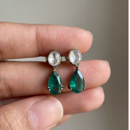 Two Good Things — Moonstone & Emerald Drop Earrings in Oxidised Silver