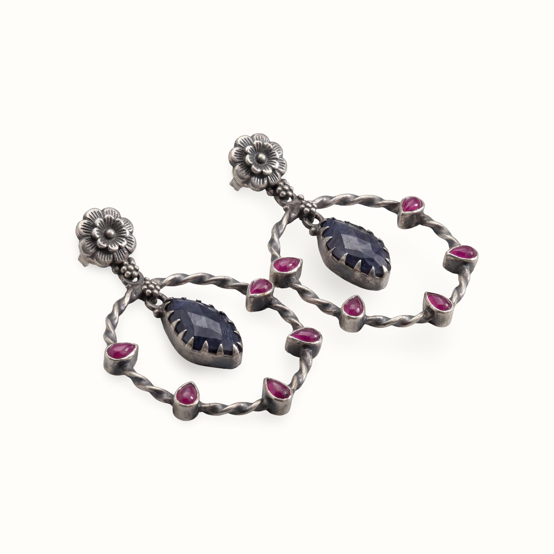Full Circle — Floral Hoop Earrings with Ruby & Sapphire in Oxidised Silver