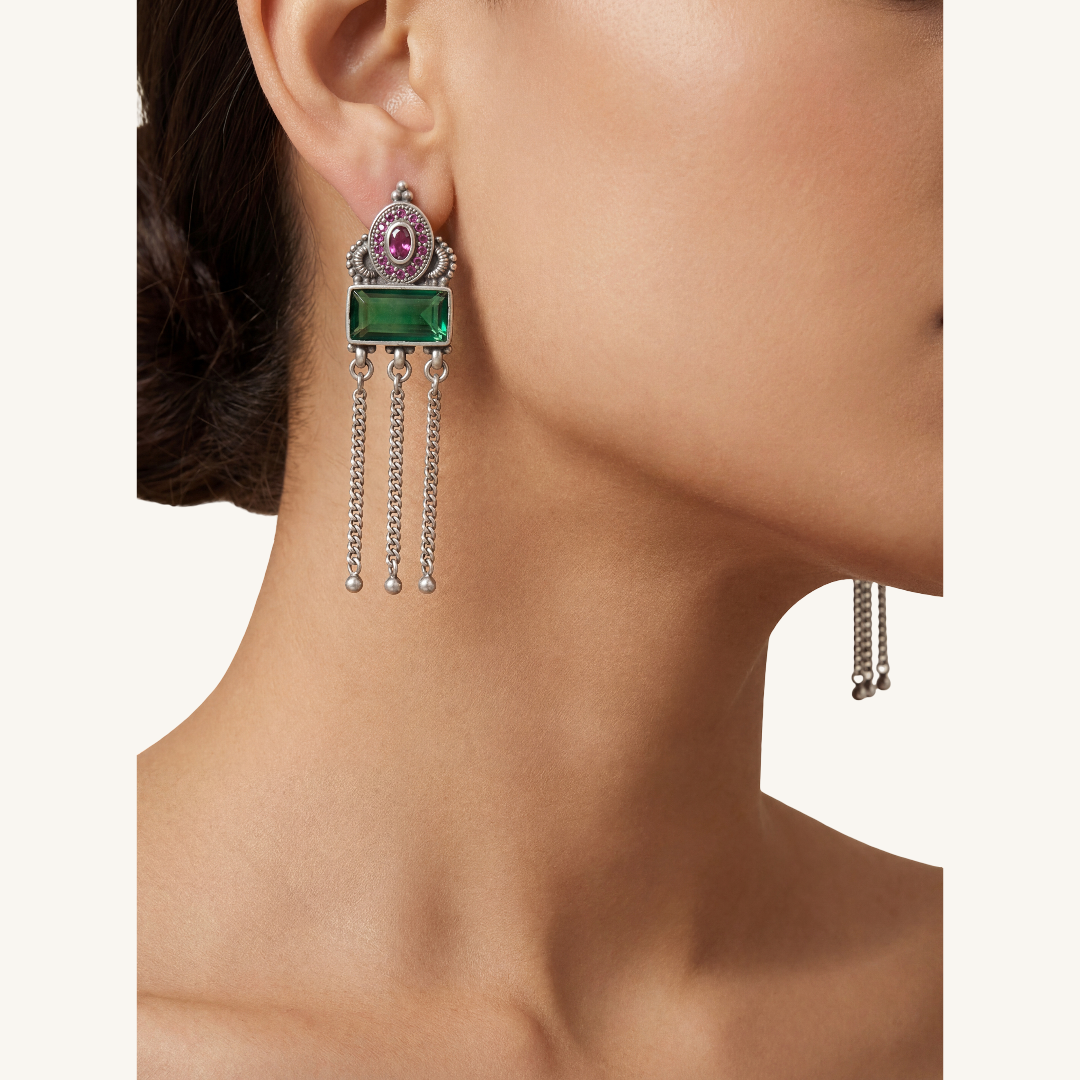 Green Flag Energy — Emerald & Pink Stone Chandelier Earrings in Oxidised Silver