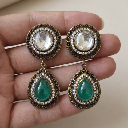 Drop Everything — Kundan & Emerald Teardrop Earrings in Oxidised Silver