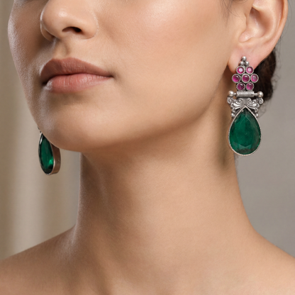 Green Flag — Emerald & Ruby Drop Earrings in Oxidised Silver