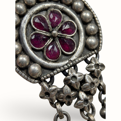 Full Bloom — Ruby Kundan Stud Earrings with Jhallar in Oxidised Silver