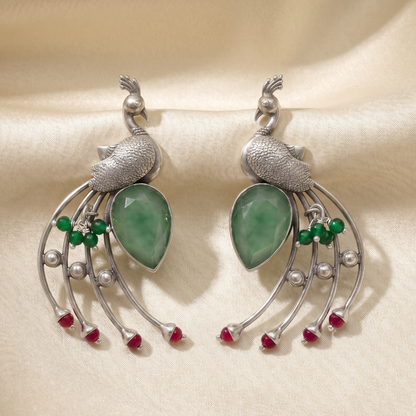 Tail Feathers Out — Peacock Erarrings in Oxidised Silver
