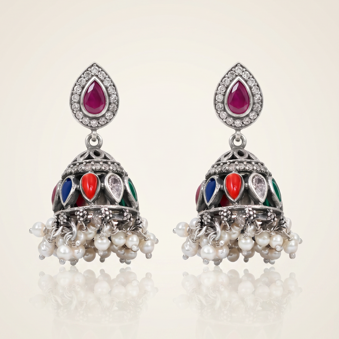 Full House — Navratna Jhumka in Oxidised Silver with Pearl Drops