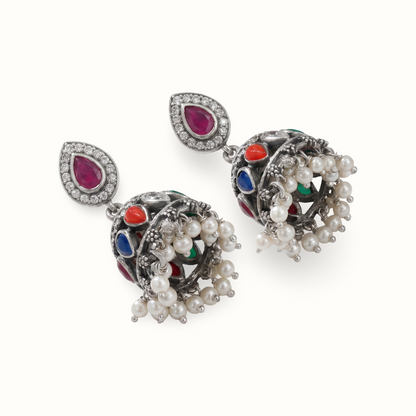 Full House — Navratna Jhumka in Oxidised Silver with Pearl Drops
