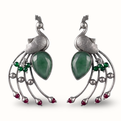 Tail Feathers Out — Peacock Erarrings in Oxidised Silver