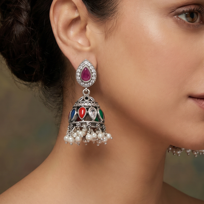 Full House — Navratna Jhumka in Oxidised Silver with Pearl Drops
