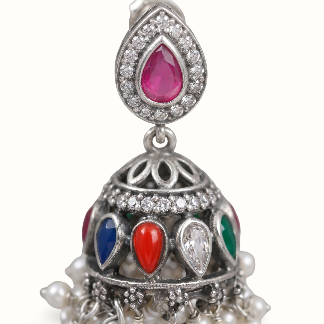 Full House — Navratna Jhumka in Oxidised Silver with Pearl Drops