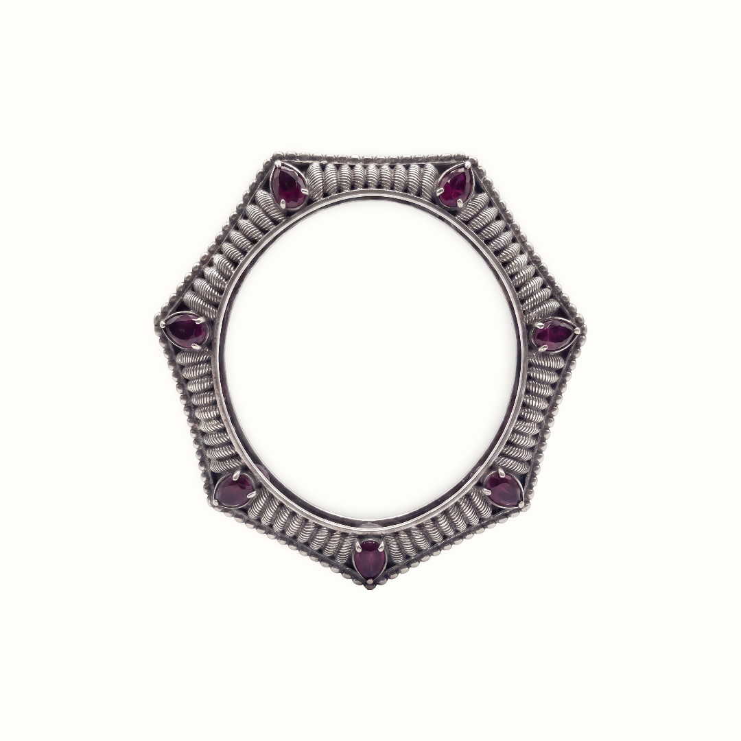 Six Sides of Stunning — Hexagonal Ruby Bangle in Oxidised Silver
