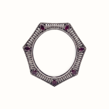 Six Sides of Stunning — Hexagonal Ruby Bangle in Oxidised Silver
