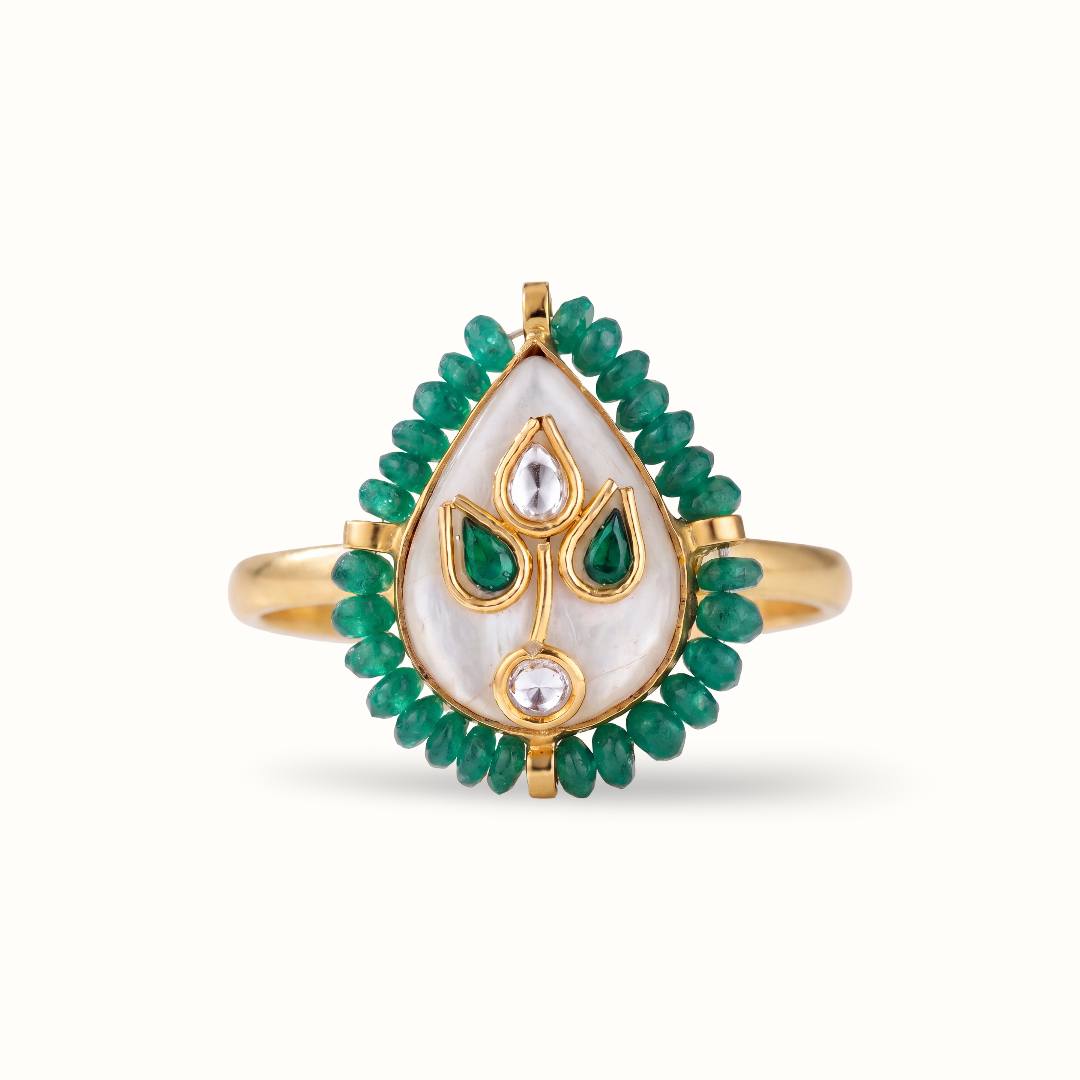 Garden Party — Kundan Mother of Pearl Ring in Gold-Finish Silver